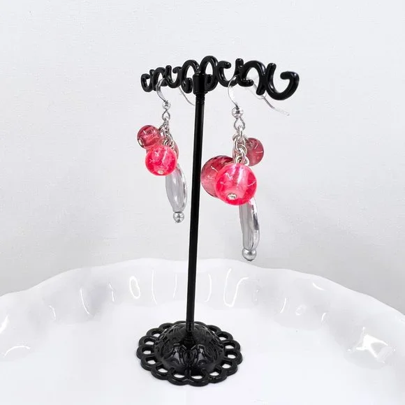 NWT - Charming Charlie - Coral Glass Beaded Disk Dangle Silver Tone Earrings - Picture 4 of 7